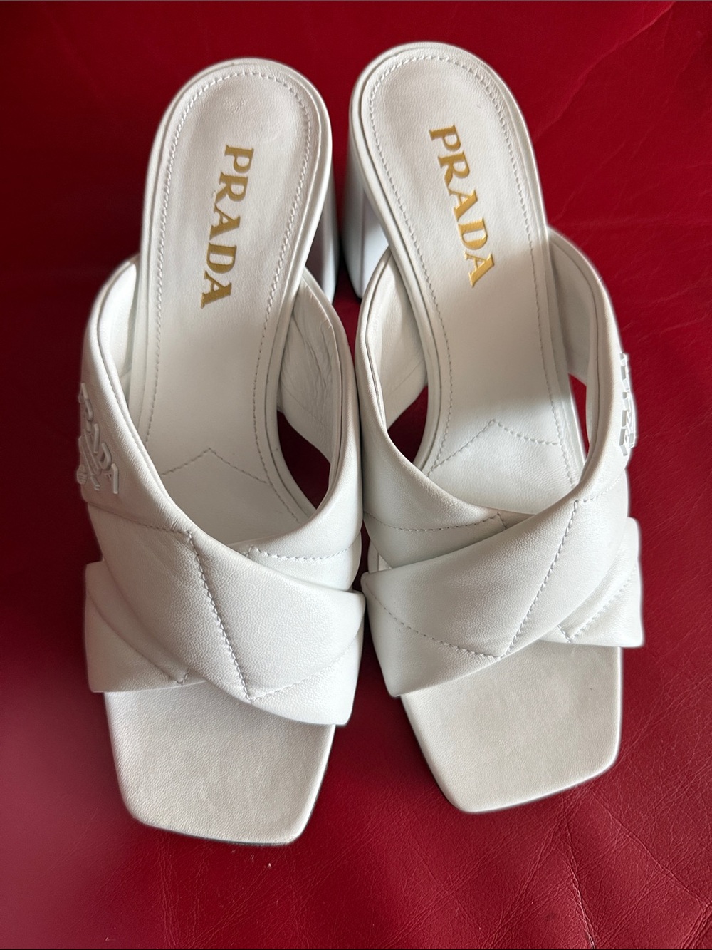 Prada White Quilted criss cross Leather Slide sandals